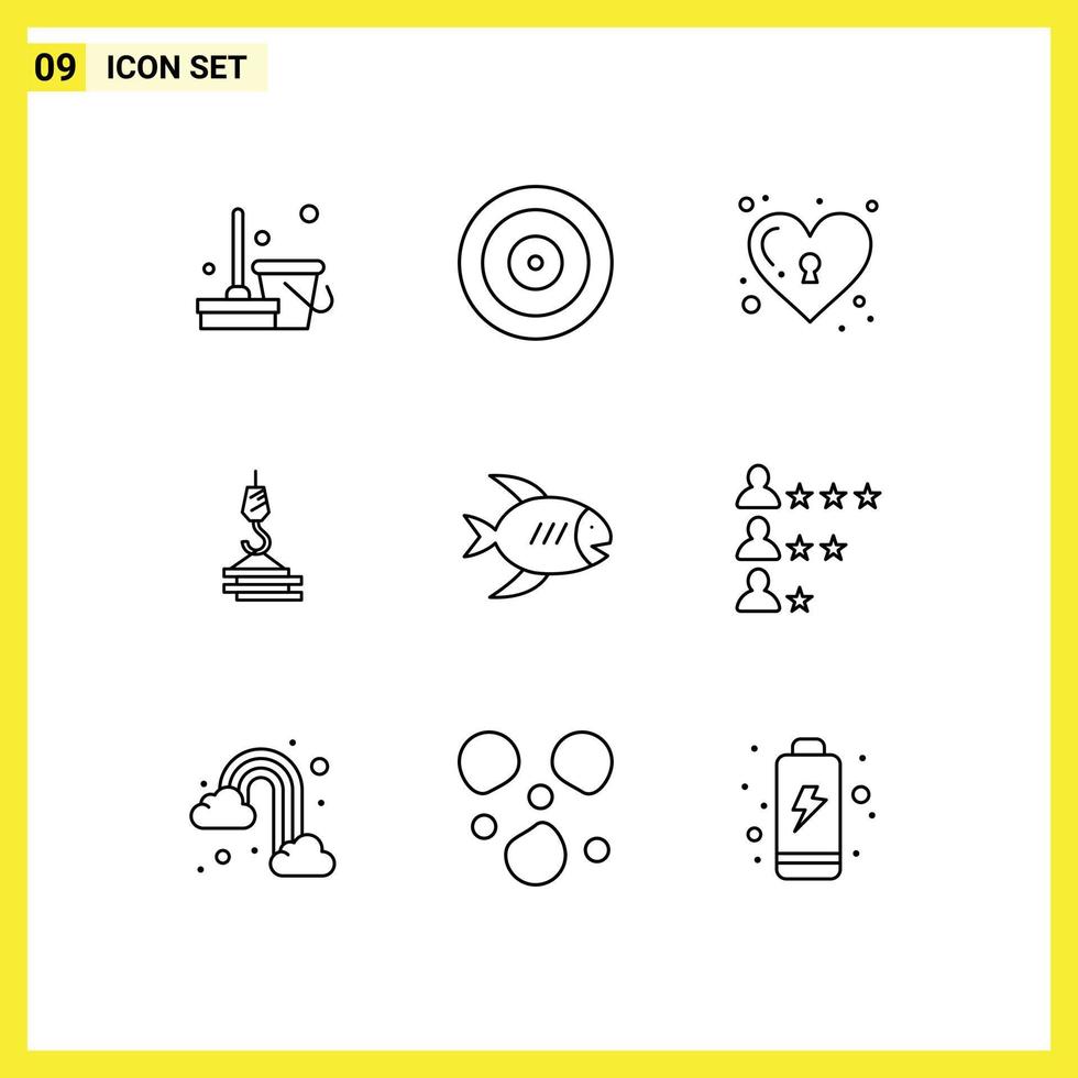 pacote de 9 sinais e símbolos de contornos modernos para mídia impressa na web, como elementos de design de vetores editáveis de guindaste de construção de coração de porto de praia
