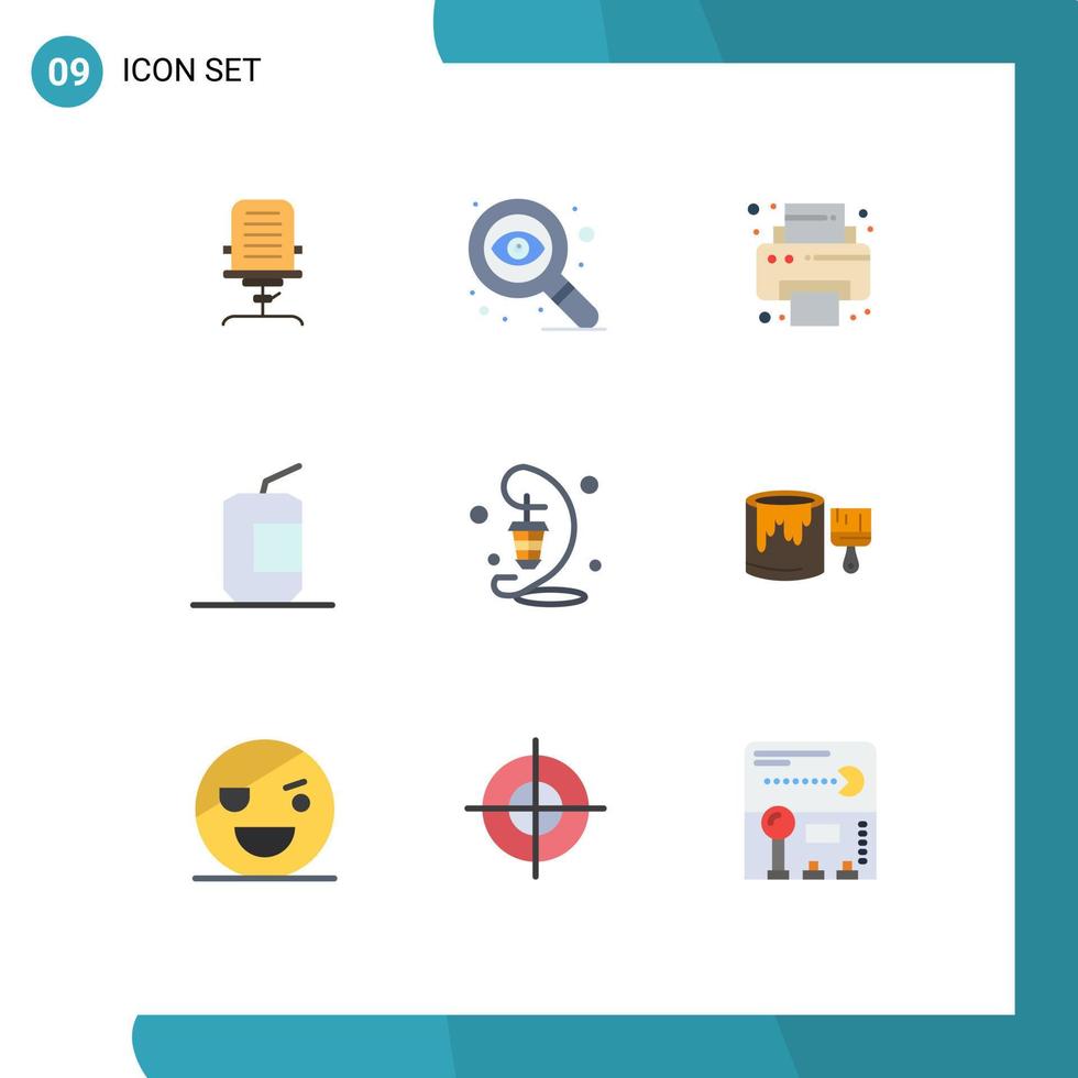 pacote de 9 sinais e símbolos modernos de cores planas para mídia impressa na web, como lanterna, pesquisa de fast food, bebida coca, elementos de design vetorial editáveis vetor