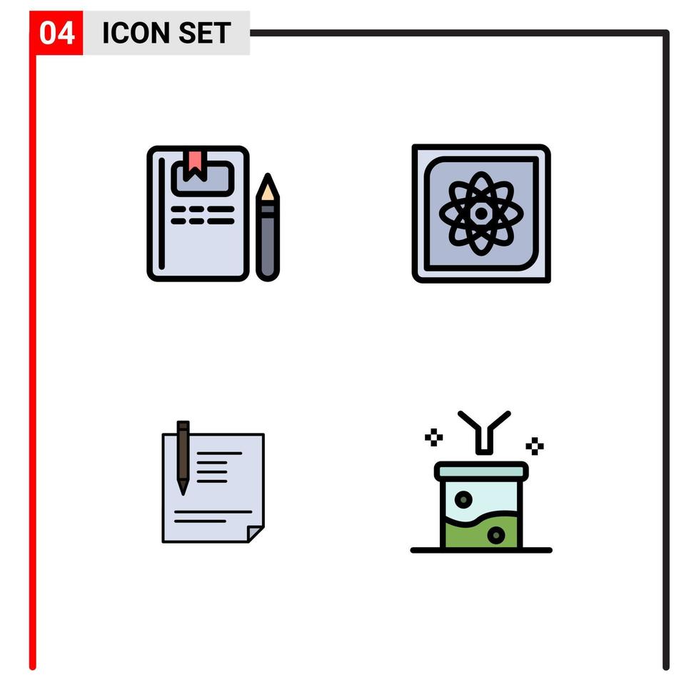 pacote de interface do usuário de 4 cores planas básicas de linhas preenchidas de arquivo de computação de lápis de contrato de livro elementos de design vetorial editáveis vetor