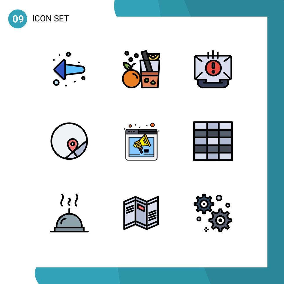 grupo de símbolos de ícones universais de 9 cores planas de linhas preenchidas modernas do mapa da internet, localização de contato, elementos básicos de design de vetores editáveis