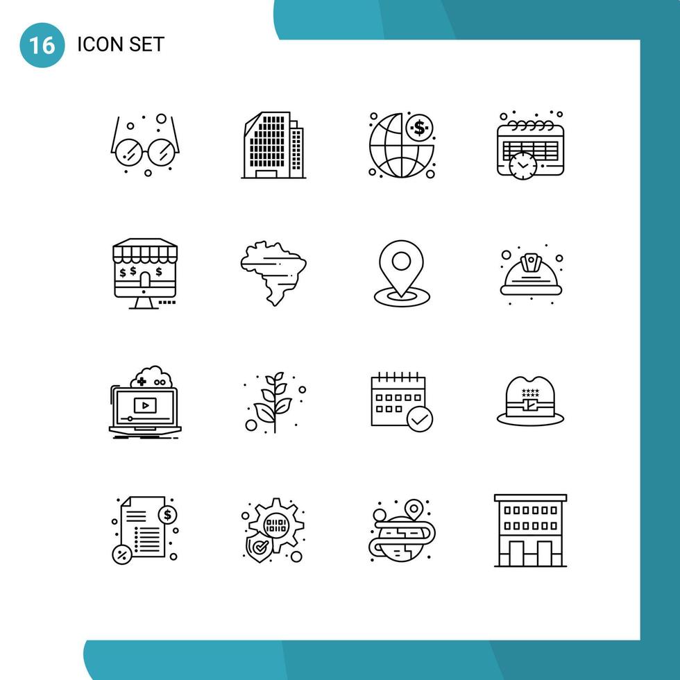 conjunto de 16 sinais de símbolos de ícones de interface do usuário modernos para gerenciamento de loja de mapa, tempo de marketing, elementos de design de vetores editáveis