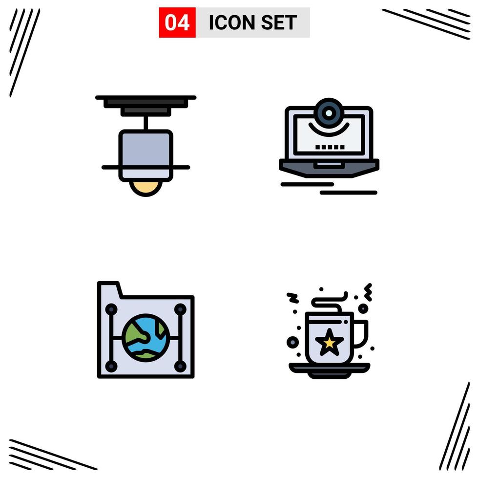 pacote de 4 sinais e símbolos modernos de cores planas de linha preenchida para mídia impressa na web, como elementos de design vetorial editáveis de dados de câmera de lâmpada de vídeo de decoração vetor