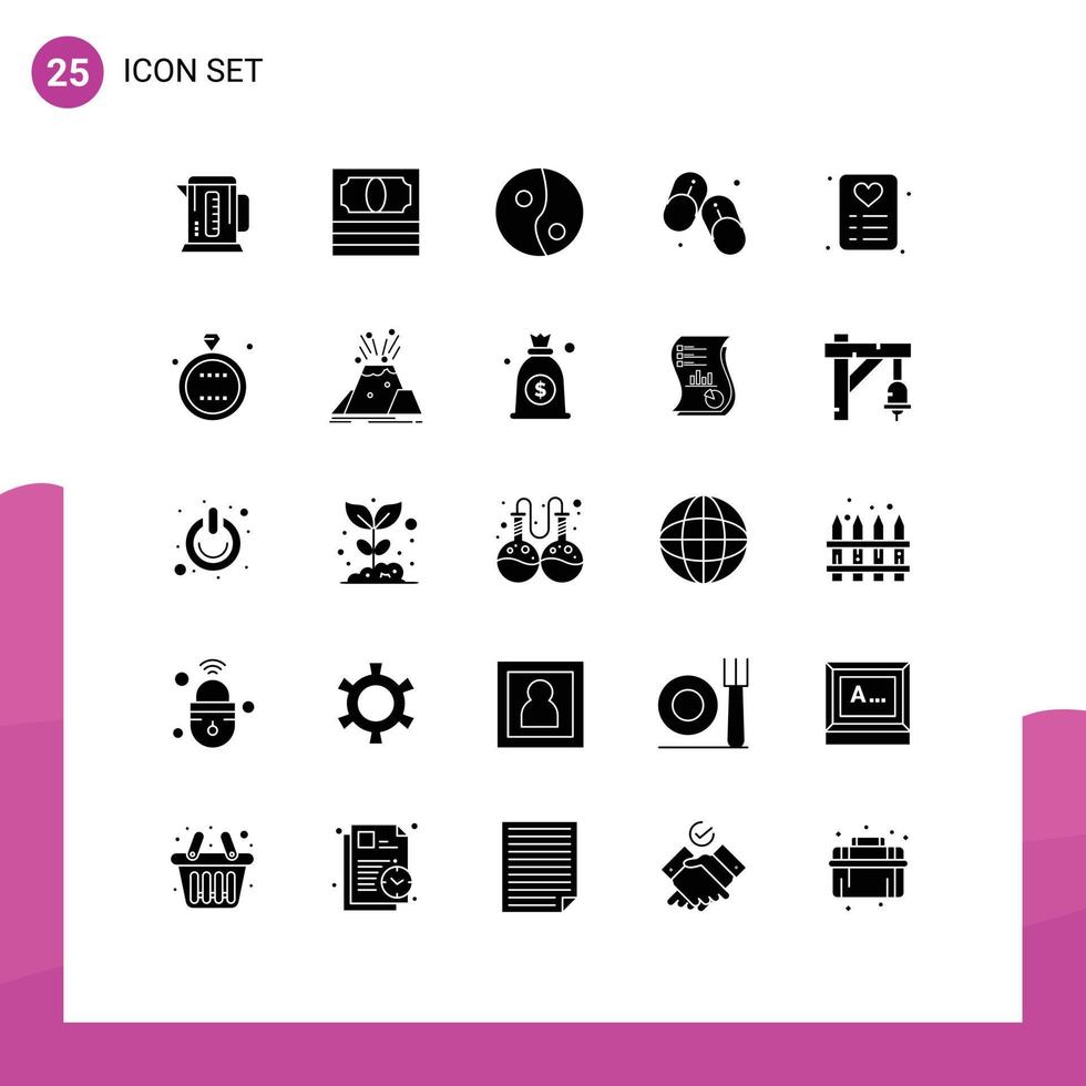 pacote de glifos sólidos de 25 símbolos universais do cartão de evento yin love verão elementos de design de vetores editáveis