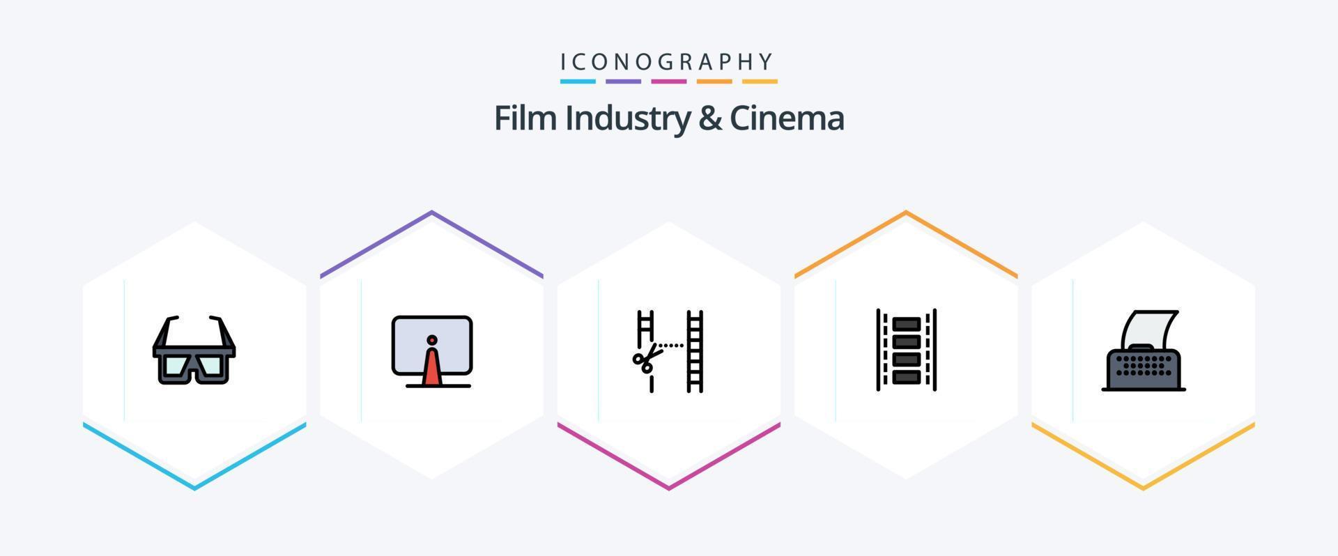 pacote de ícones de 25 linhas preenchidas, incluindo roteiro de cinema. rolo de filme. monitor. filme. editando vetor