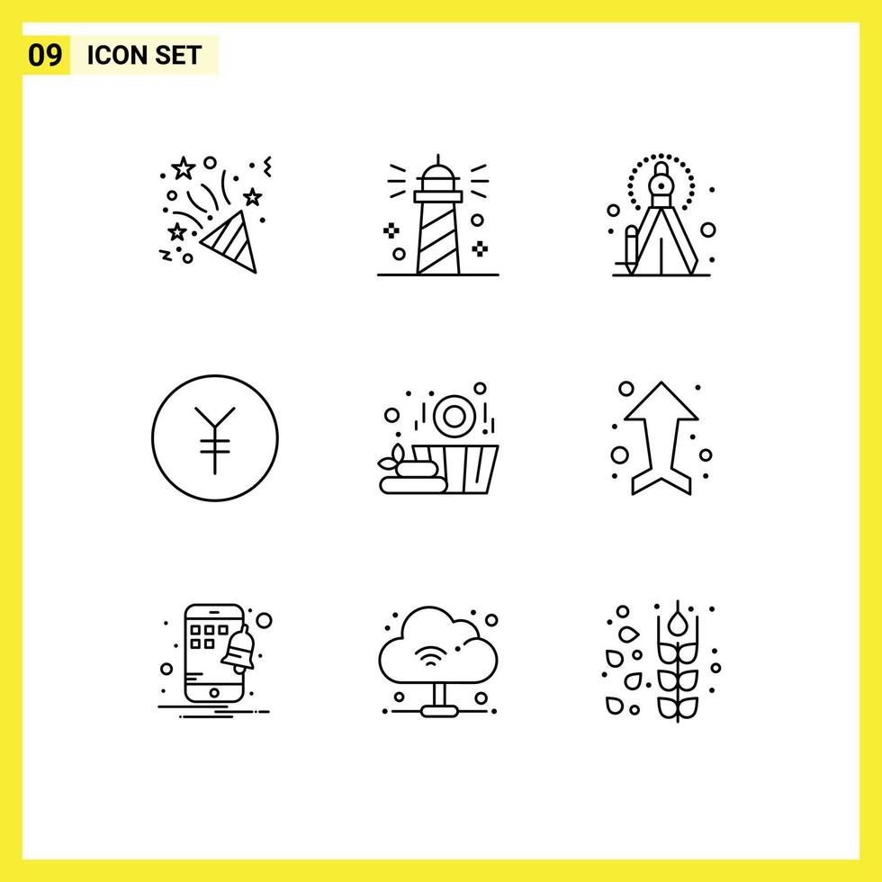 conjunto de 9 sinais de símbolos de ícones de interface do usuário modernos para precisão de madeira de seta, sauna, finanças, elementos de design de vetores editáveis