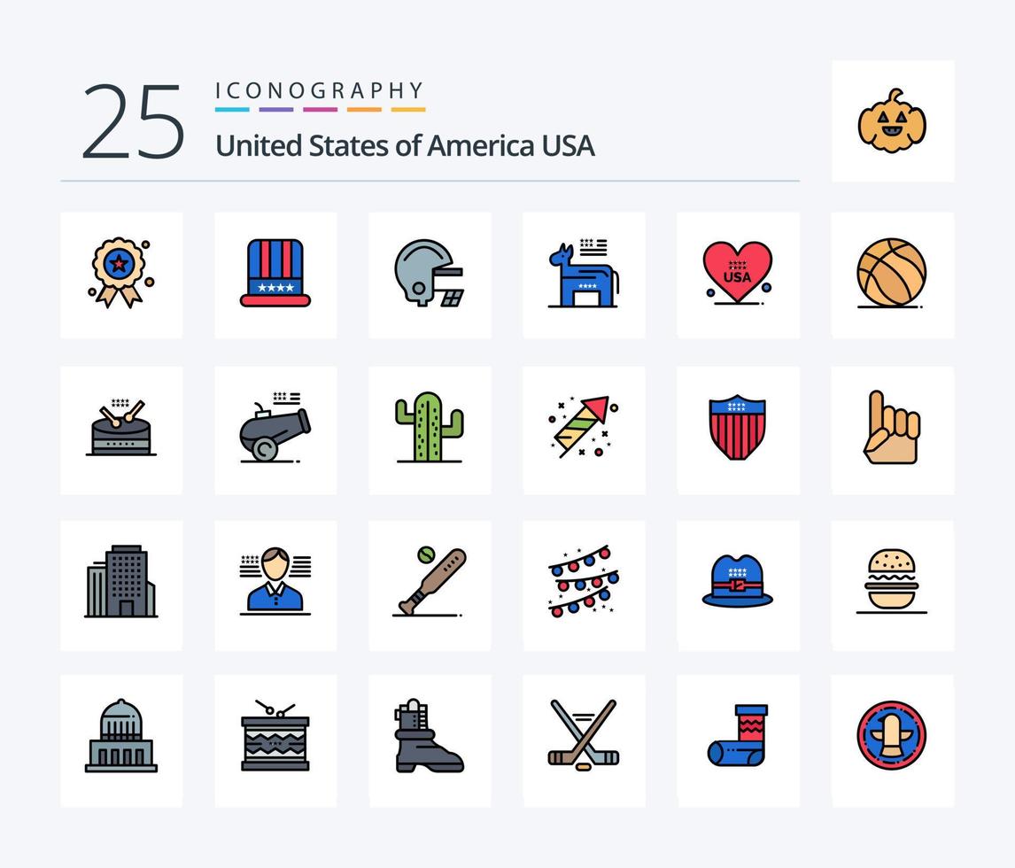 Pacote de ícones cheios de 25 linhas dos EUA, incluindo americano. coração. americano. símbolo. americano vetor