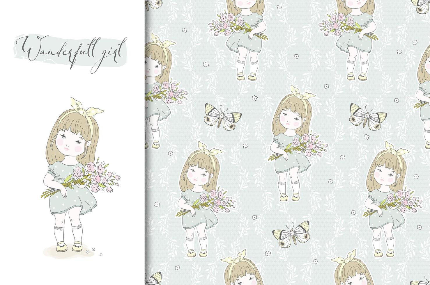 menina com buquê de flores nas mãos. bonito mão desenhada ilustração vetorial. cartão de primavera e fundo transparente. design de superfície. vetor