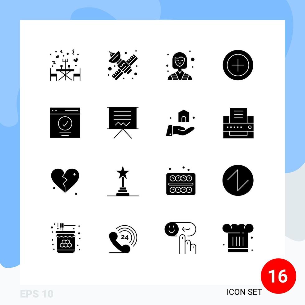 16 símbolos universais de glifo sólido de pagamentos de interface, telecomunicações, dinheiro, trabalhador, elementos de design vetorial editáveis vetor