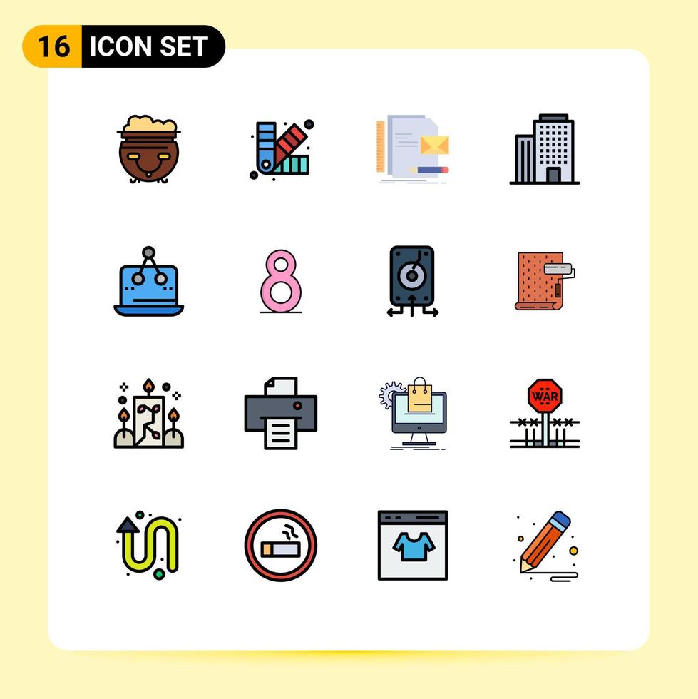 16 interface do usuário pacote de linha cheia de cores planas de sinais e símbolos modernos de apresentação de escritório de marca de casa digital editável elementos de design de vetor criativo