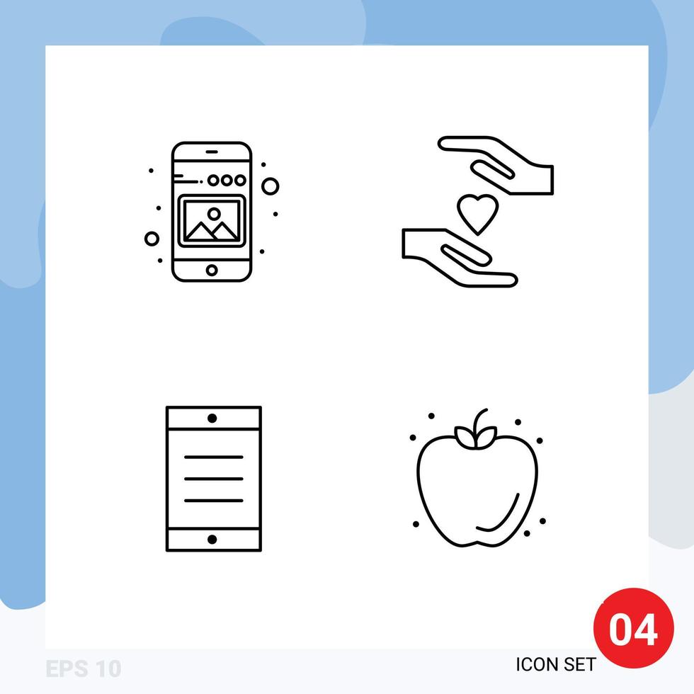 grupo de símbolos de ícone universal de 4 cores planas de linhas preenchidas modernas da galeria telefone celular mãos comida elementos de design de vetores editáveis