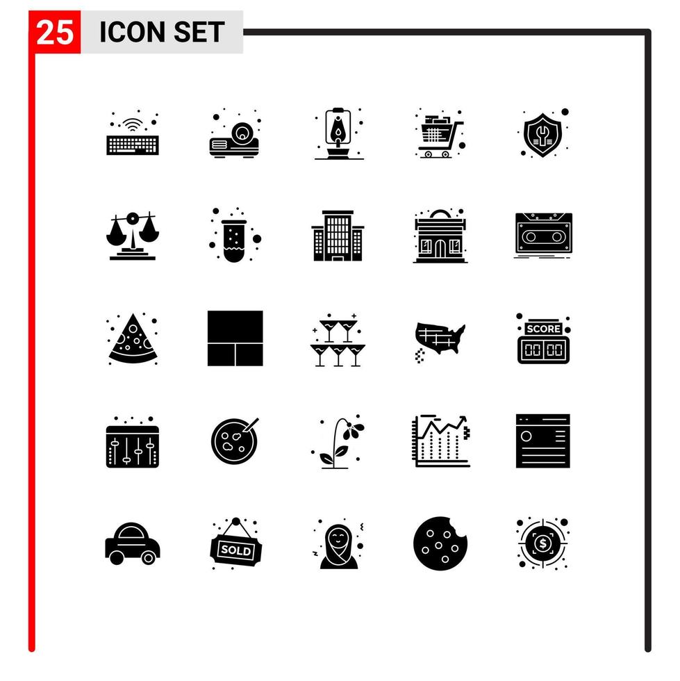 conjunto de glifos sólidos de interface móvel de 25 pictogramas de configurações de reparo viagem correção de compras elementos de design de vetores editáveis