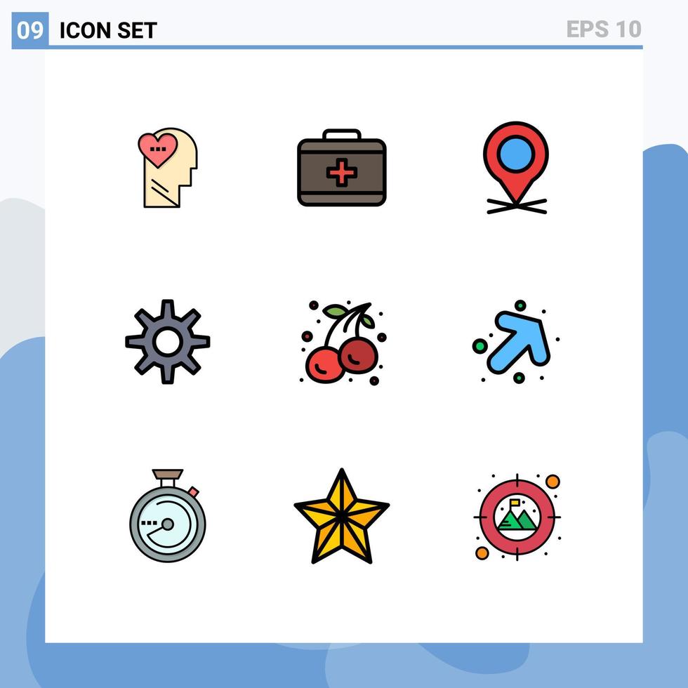 pacote de interface do usuário de 9 cores planas básicas de linha preenchida de cerejas de mapa de frutas, configuração de elementos de design de vetores editáveis