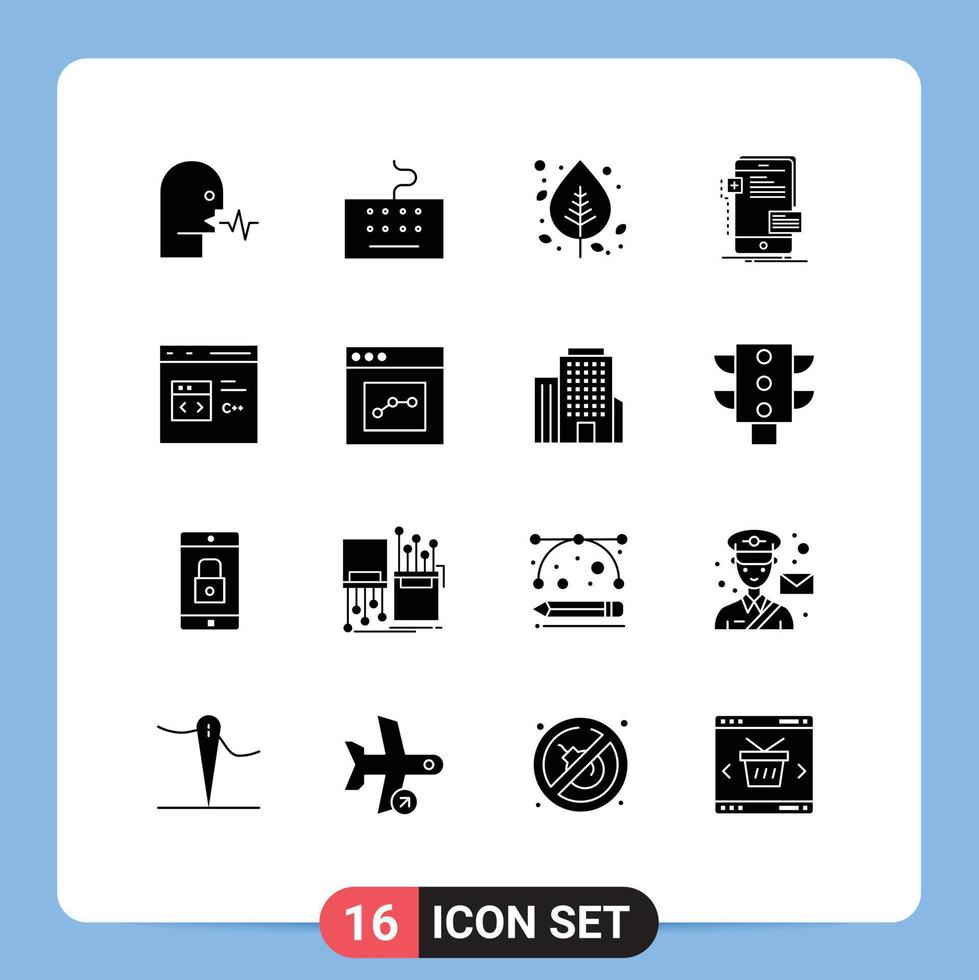 grupo de 16 sinais e símbolos de glifos sólidos para desenvolvedores de interface de outono móvel árvore elementos de design de vetores editáveis