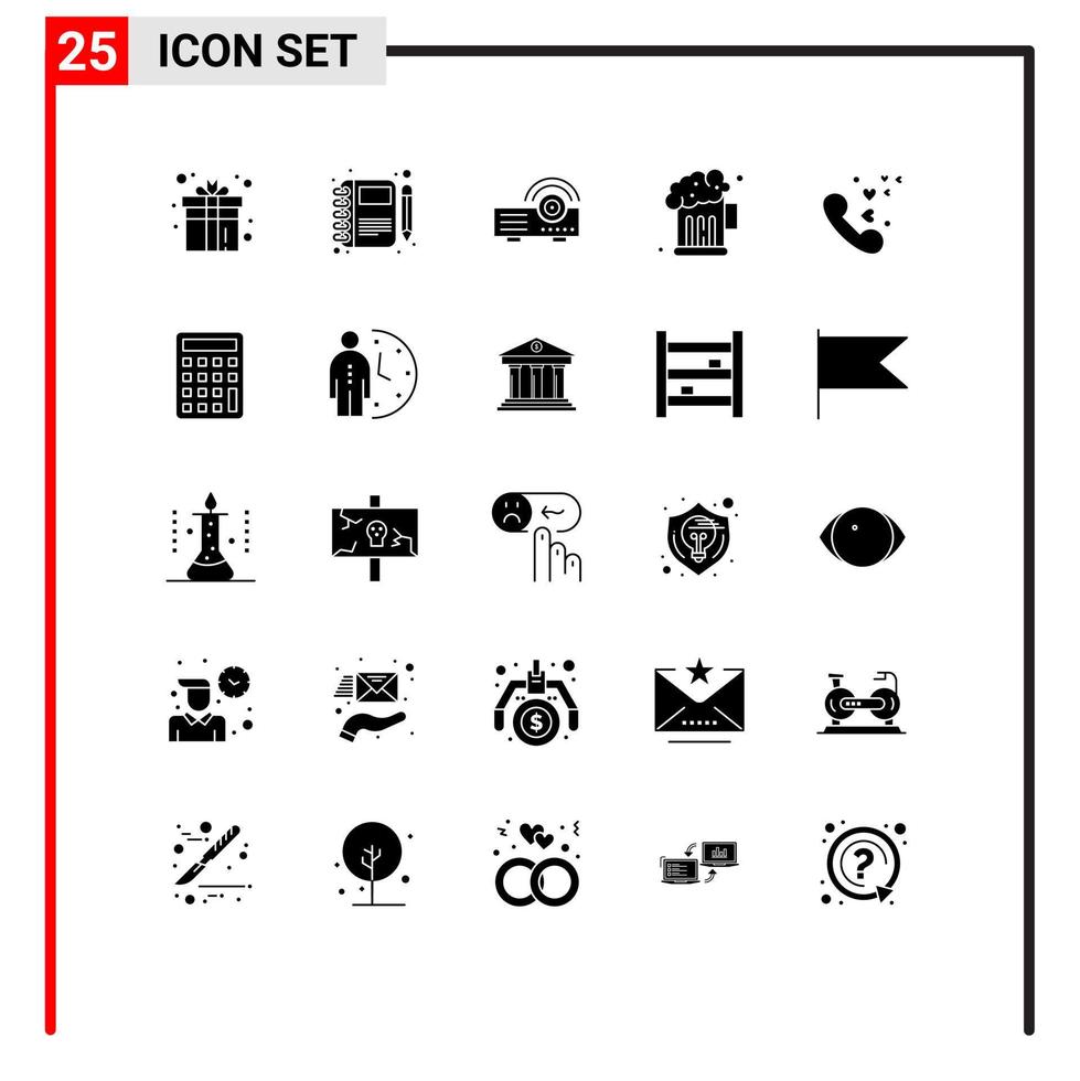 25 conceito de glifo sólido para sites móveis e aplicativos telefone noite notebook máquina de cerveja elementos de design vetorial editáveis vetor
