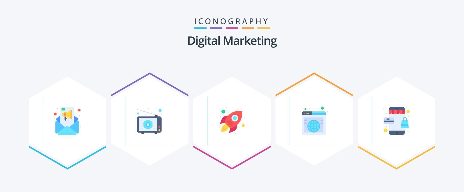 pacote de ícones planos de marketing digital 25, incluindo loja. no mundo todo. o negócio. rede. globo vetor