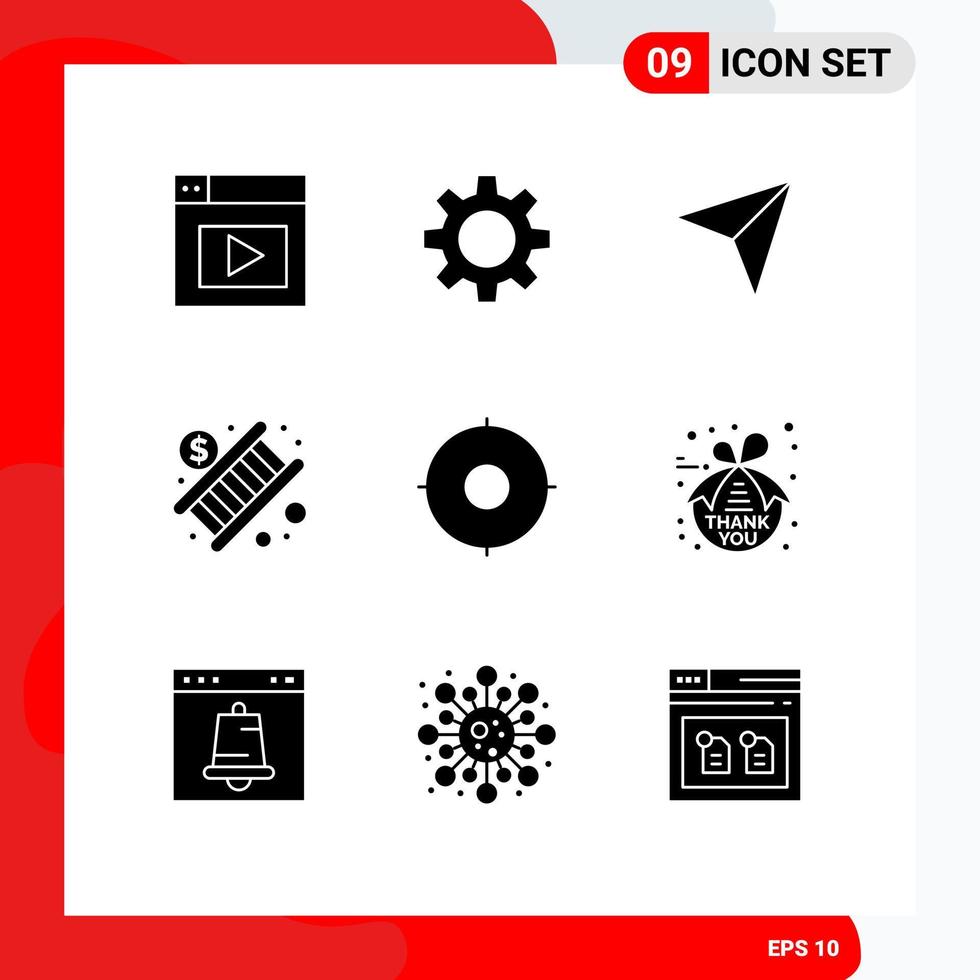 grupo de símbolos de ícone universal de 9 glifos sólidos modernos de alvo militar círculo dinheiro elementos de design de vetores editáveis