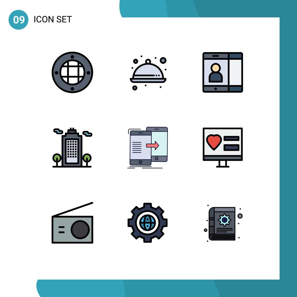 conjunto de cores planas de linha preenchida de interface móvel de 9 pictogramas de dados de sincronização ambiente móvel colologia elementos de design de vetores editáveis