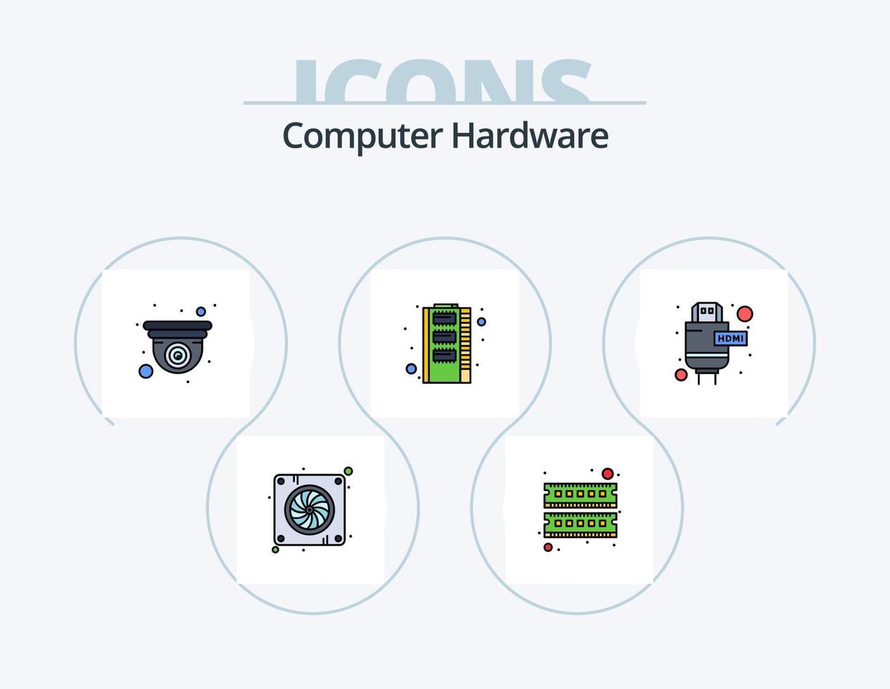 linha de hardware de computador cheia de ícones do pacote 5 design de ícones. Câmera. vídeo. áudio. hardware. cartão vetor