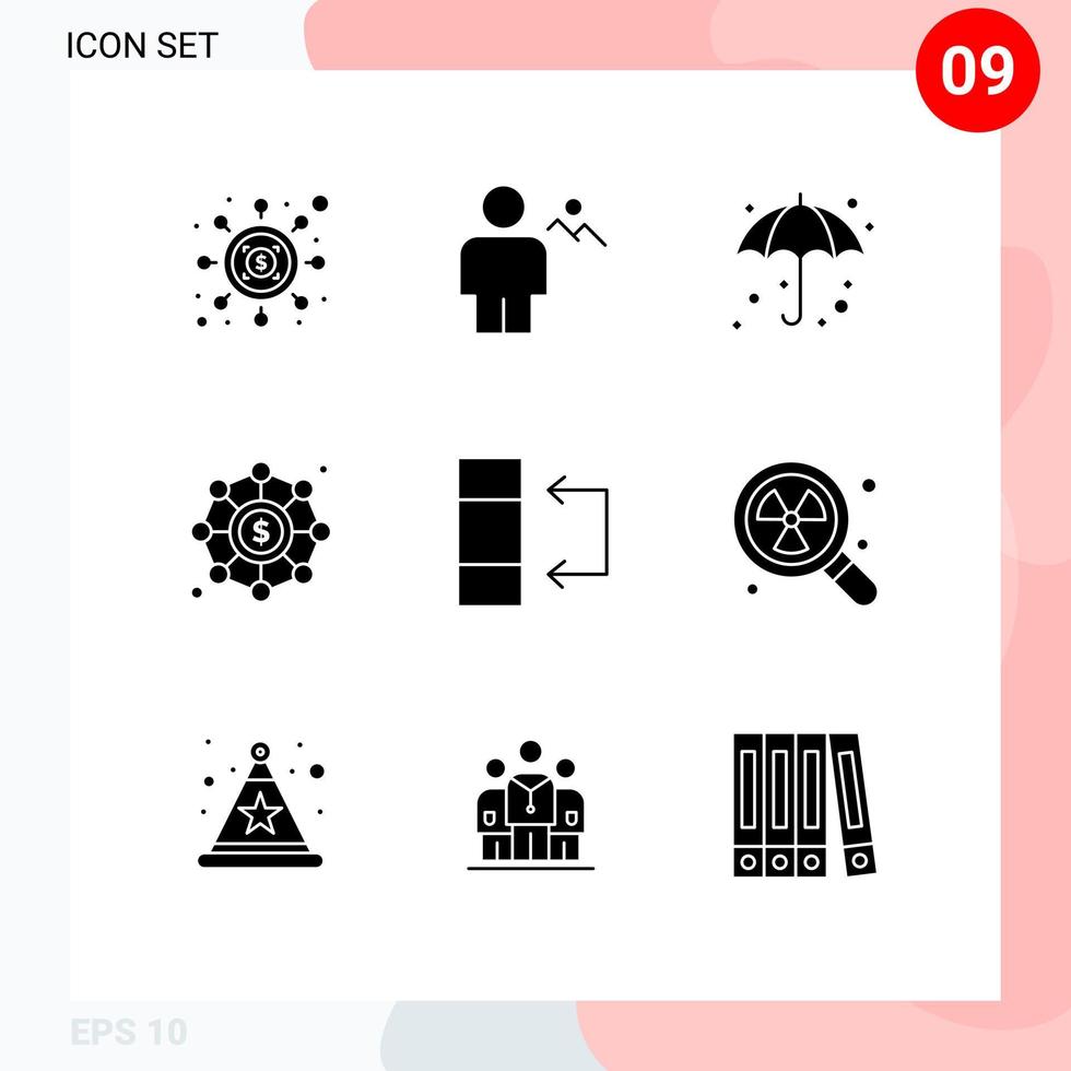 conjunto de glifos sólidos de interface móvel de 9 pictogramas de dados, investimento, financiamento de terras, elementos de design de vetores editáveis úmidos