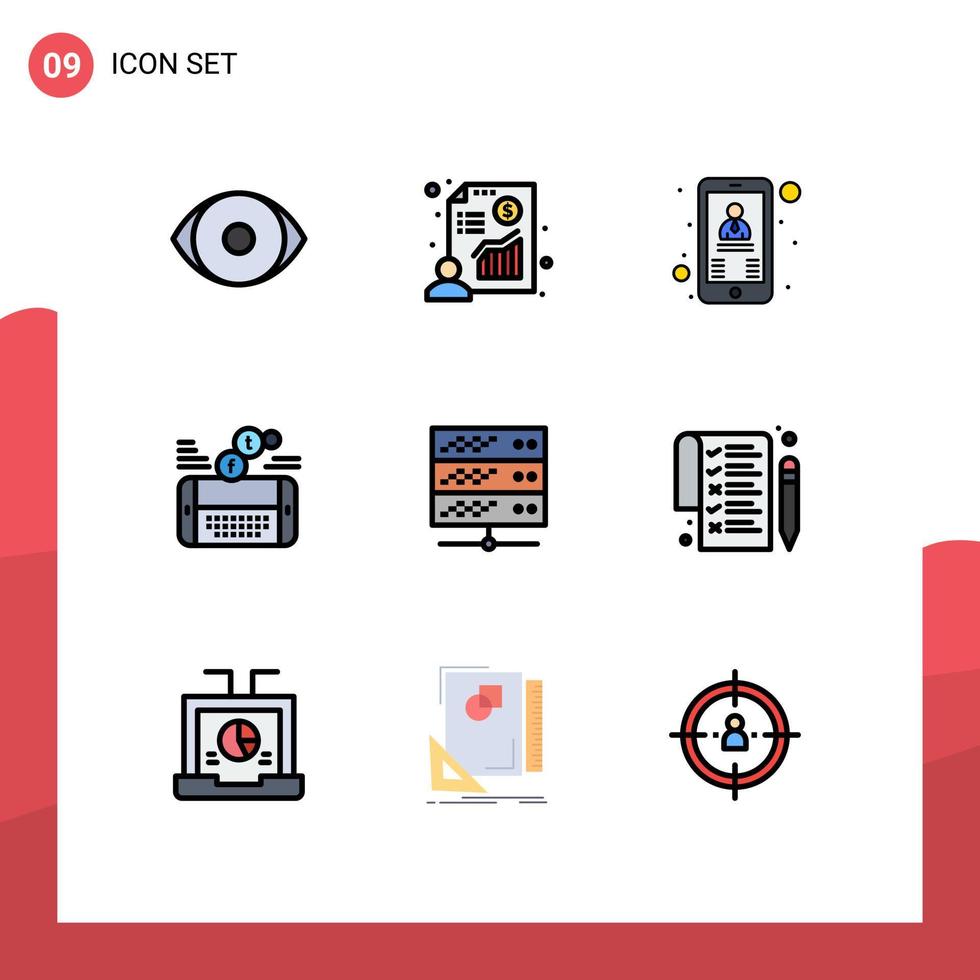 9 interface do usuário pacote de cores planas de linha cheia de sinais e símbolos modernos de hospedagem do facebook contato social móvel elementos de design de vetores editáveis