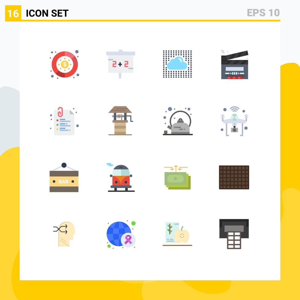 Pacote de cores planas de 16 interfaces de usuário de sinais e símbolos modernos de clipe de dados de filme de papel pacote editável de elementos de design de vetores criativos