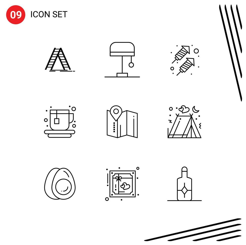 9 sinais de contorno universal símbolos de elementos de design de vetores editáveis de mapa de festa de pin de acampamento