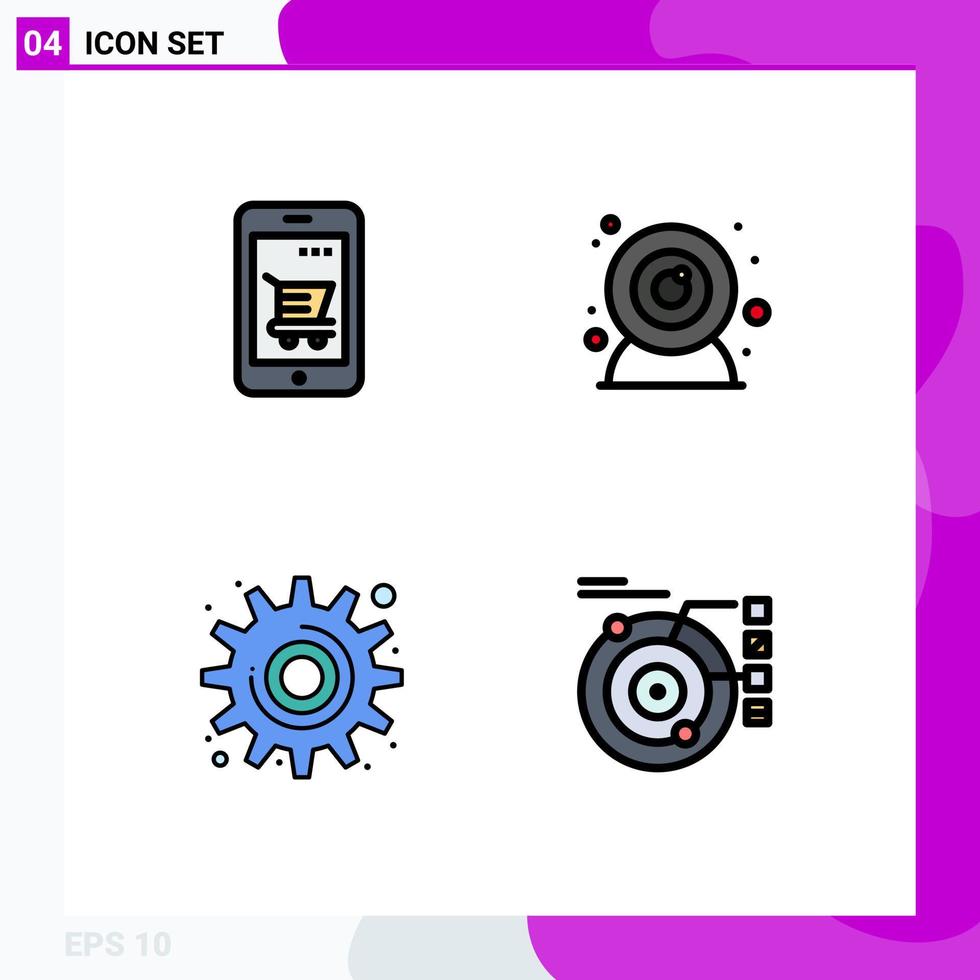 Pacote de cores planas de 4 linhas preenchidas de interface de usuário de sinais e símbolos modernos de ferramentas de carrinho de compras, ferramentas de webcam editáveis elementos de design vetorial vetor