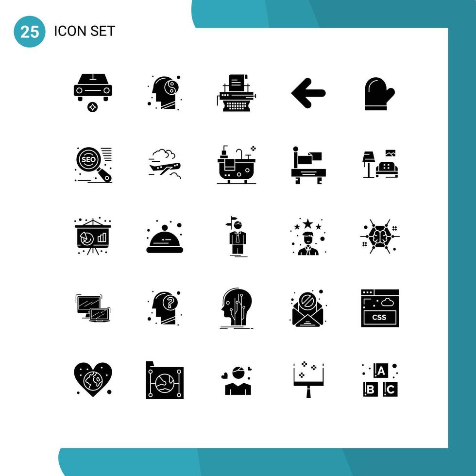 pacote de 25 glifos sólidos criativos de elementos de design de vetores editáveis de seta para trás copywriting
