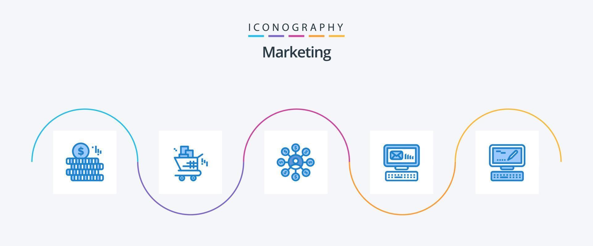 pacote de ícones de marketing azul 5, incluindo marcação. computador. dinheiro. mensagem. envelope vetor