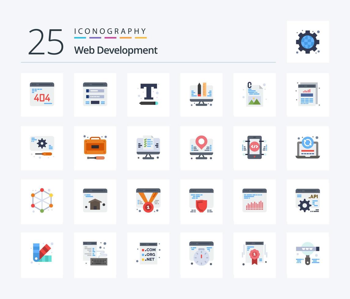 desenvolvimento web pacote de ícones de 25 cores planas, incluindo planejamento. codificação. Mapa do site. rede. texto vetor