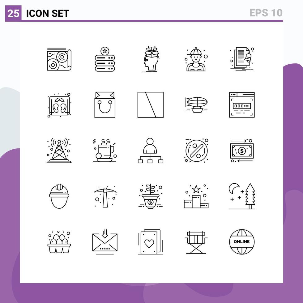 conjunto de linha de interface móvel de 25 pictogramas de mecânico de dados de encanador de alerta compartilhando elementos de design de vetores editáveis