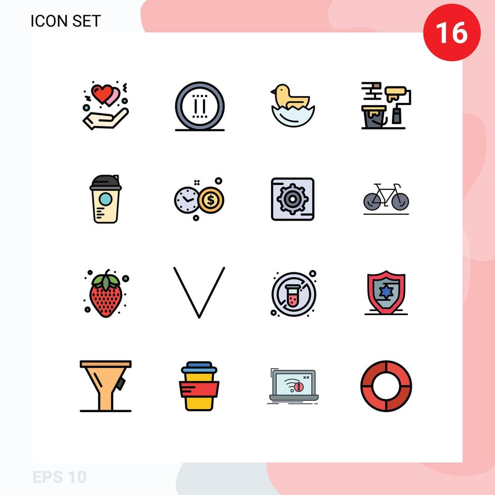 16 interface de usuário pacote de linha cheia de cores planas de sinais e símbolos modernos de garrafa de recreação rolo de escova de pato editável elementos de design de vetor criativo