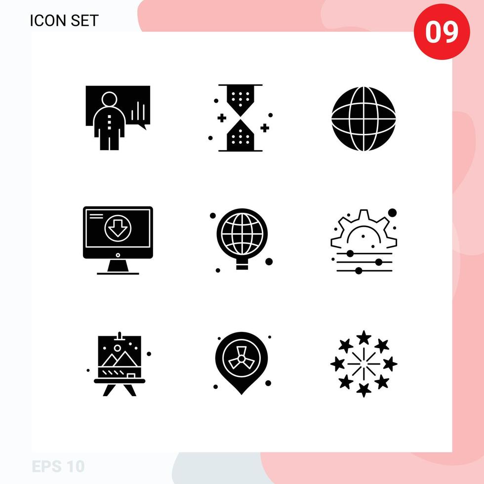 conjunto moderno de pictograma de 9 glifos sólidos de conteúdo de download ui adição de elementos de design de vetores editáveis na internet