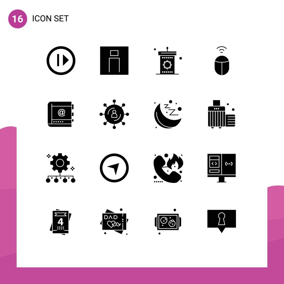 pacote de glifos sólidos de 16 símbolos universais do livro wi-fi usuário mouse mesquita elementos de design de vetores editáveis