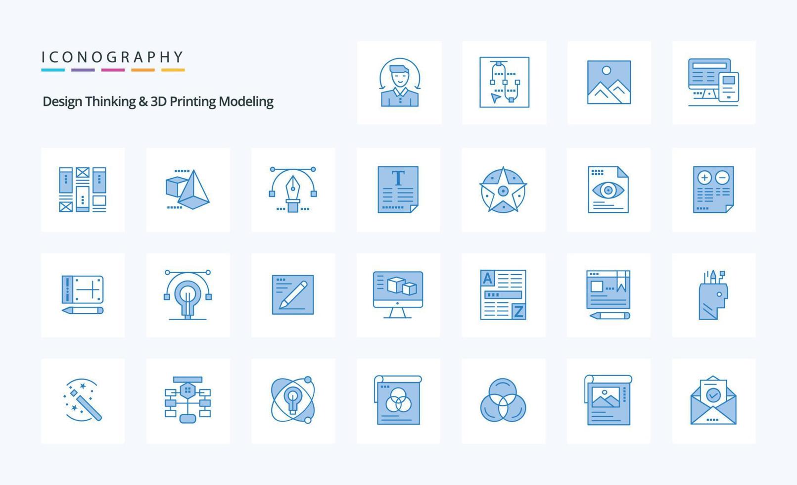 25 pensamento de design e pacote de ícones azuis de modelagem de impressão vetor