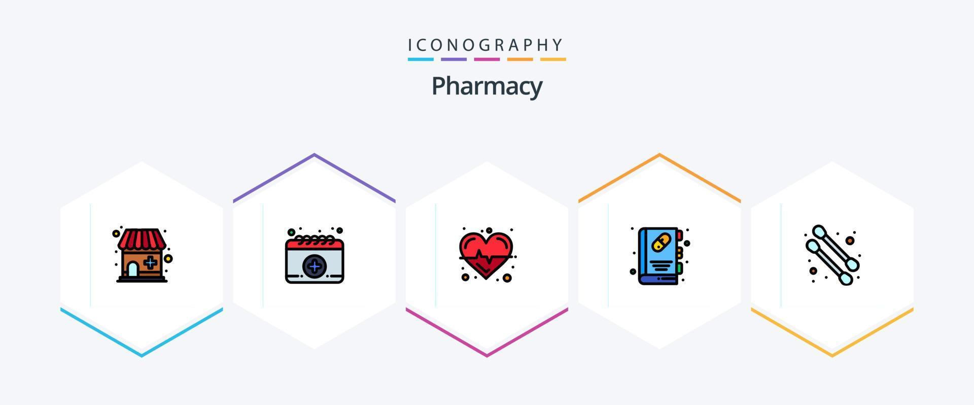 pacote de ícones de 25 linhas preenchidas de farmácia, incluindo . Cotonete. Ciência. beleza. livro de saude vetor