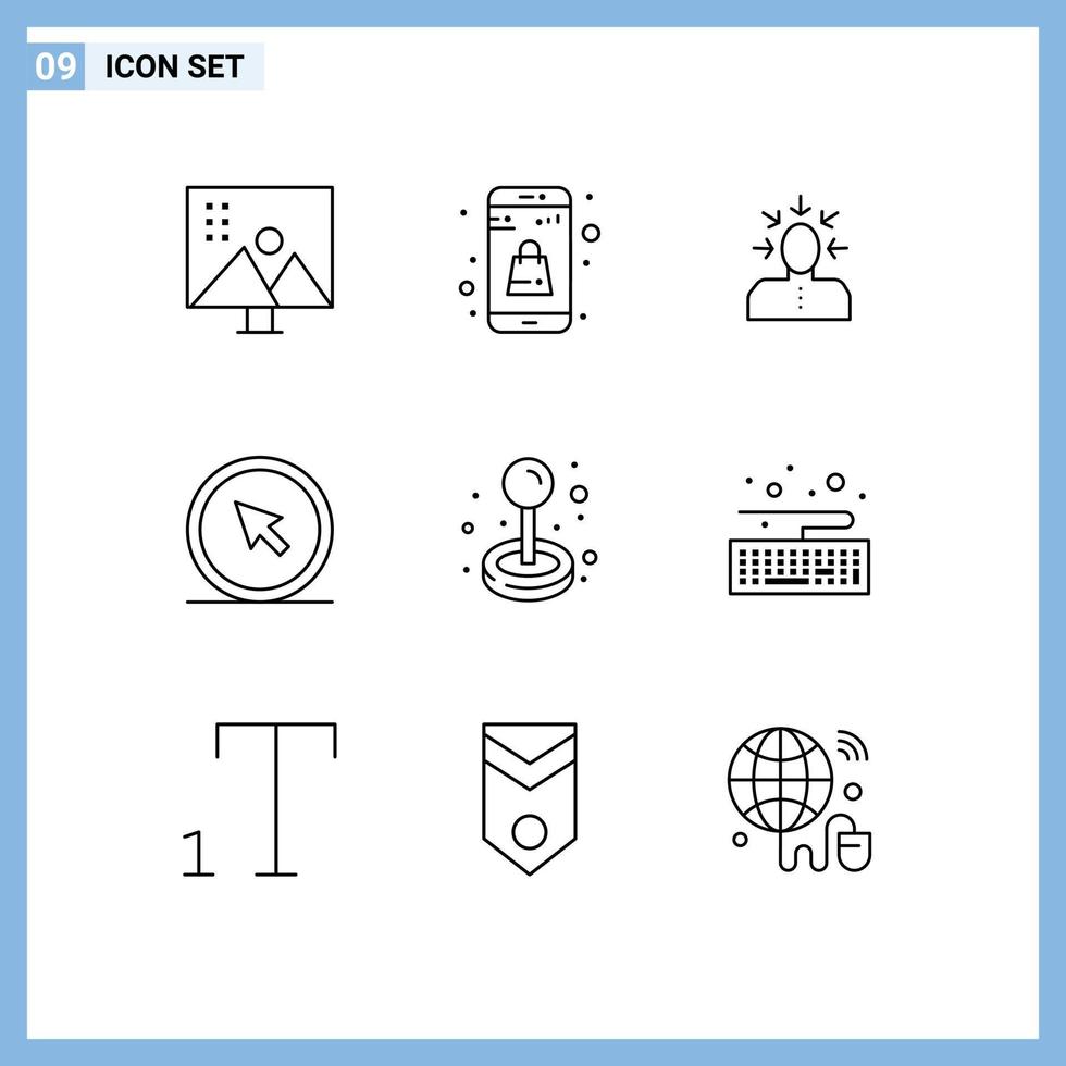 pacote de 9 sinais e símbolos de contornos modernos para mídia impressa na web, como aplicativo on-line de cursor de ponto, clique em elementos de design de vetores editáveis por humanos