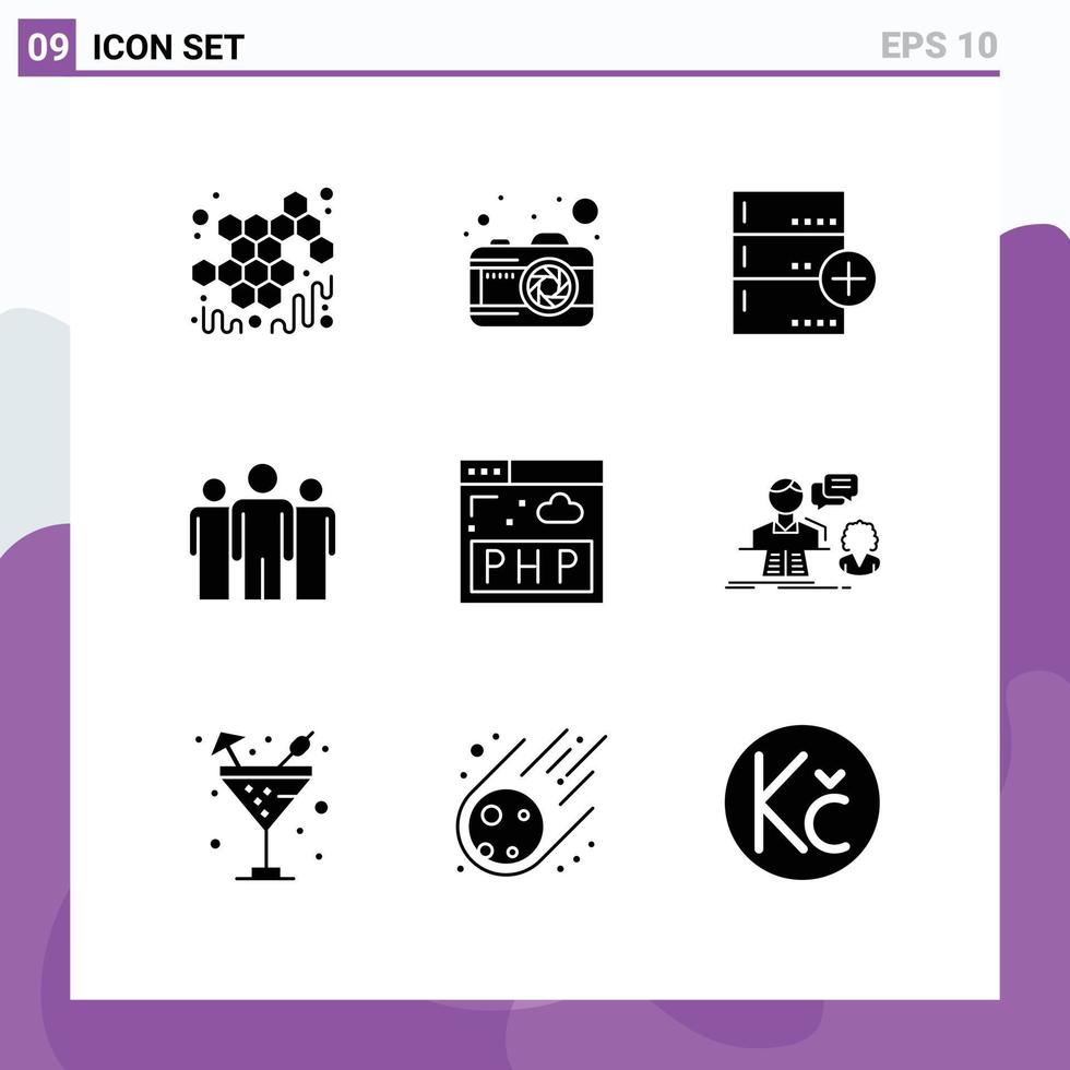 grupo de símbolos de ícone universal de 9 glifos sólidos modernos de elementos de design de vetores editáveis de negócios competitivos de backup corporativo php