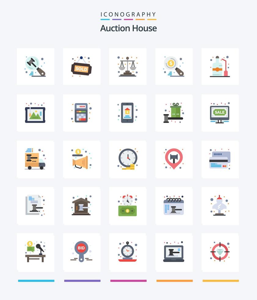 pacote de ícones planos de 25 leilões criativos, como álcool. seo. Saldo. procurar. dinheiro vetor