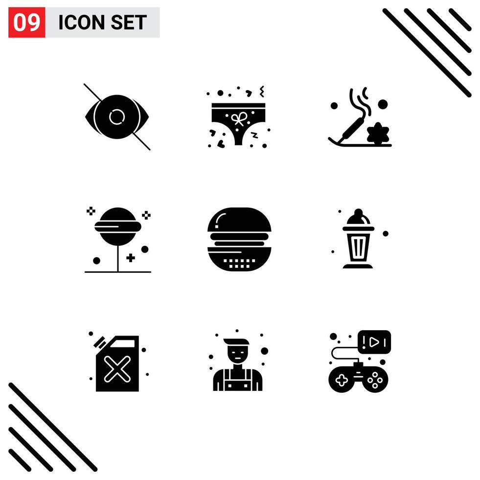 conjunto moderno de pictograma de 9 glifos sólidos de hambúrguer pirulito cueca relaxamento halloween elementos de design de vetores editáveis