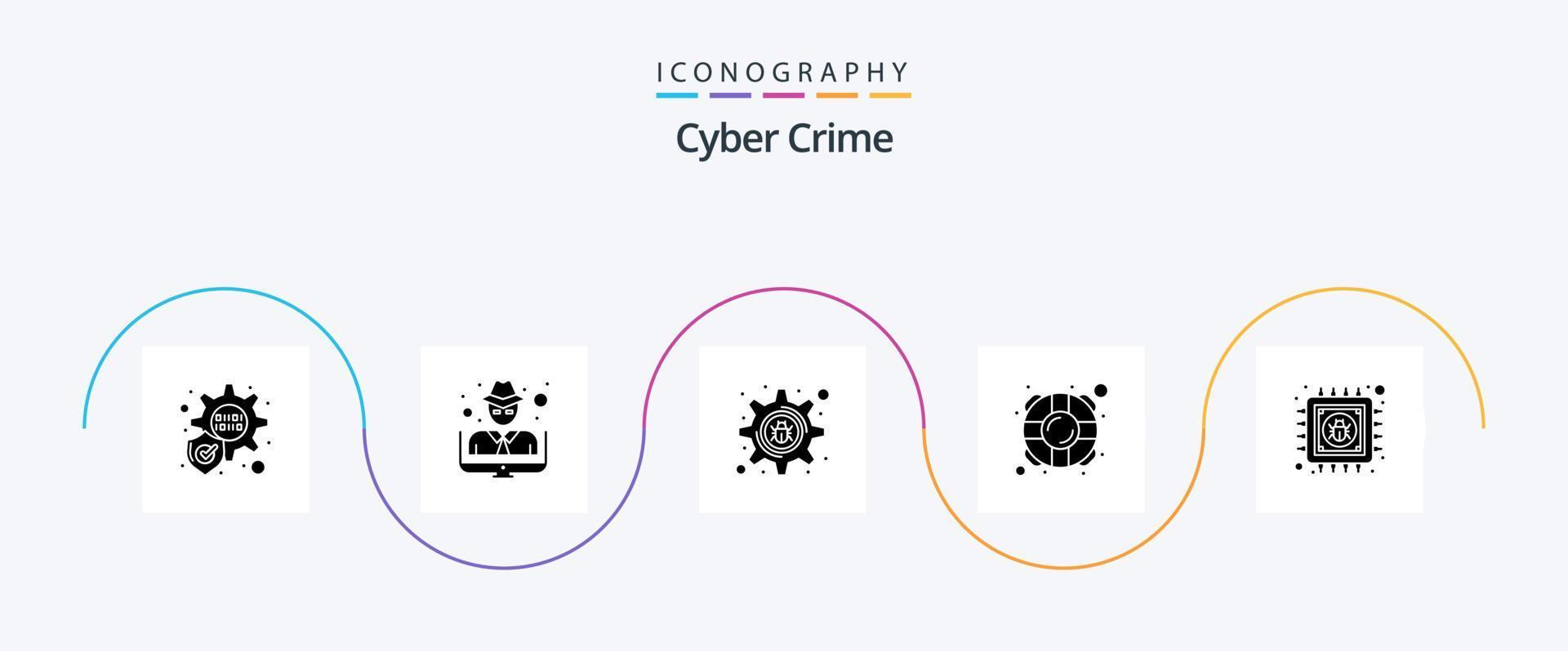Pacote de ícones do glifo 5 do crime cibernético, incluindo informações. lasca. erro de configuração. antivírus. protetor vetor