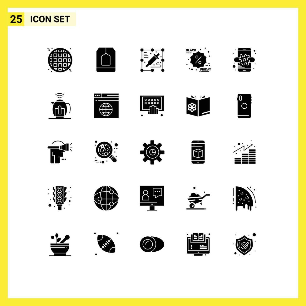 pacote de 25 sinais e símbolos de glifos sólidos modernos para mídia impressa na web, como etiqueta de hash on-line, promoção de cor, desconto, elementos de design de vetores editáveis
