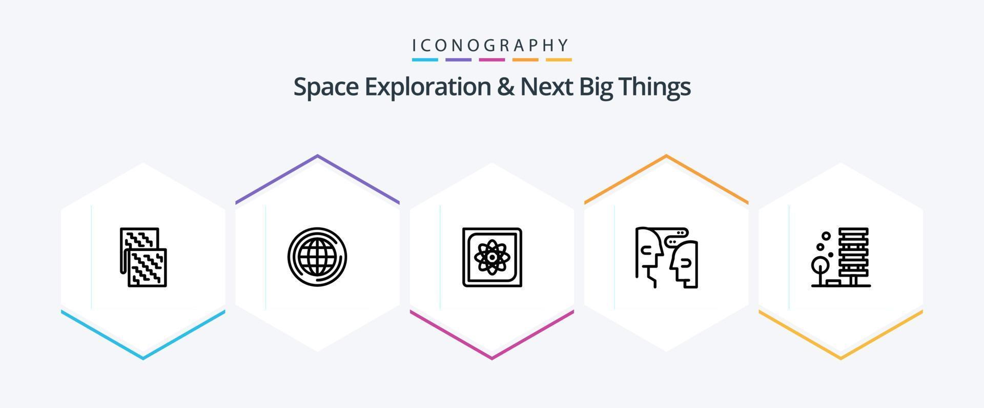 exploração espacial e as próximas grandes coisas pacote de ícones de 25 linhas, incluindo interação. comunicação. pensar. cérebro. dados vetor