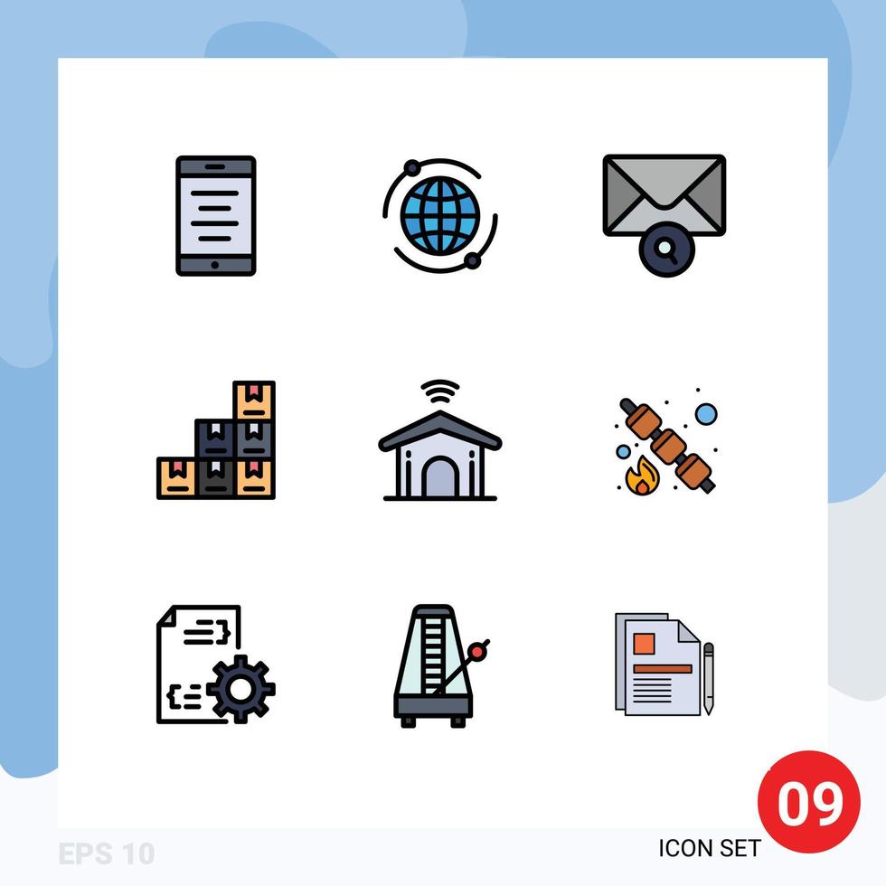 pacote de linha de vetor editável de 9 cores planas de linha preenchida simples de pesquisa de tecnologia de piquenique elementos de design de vetor editável eletrônico inteligente