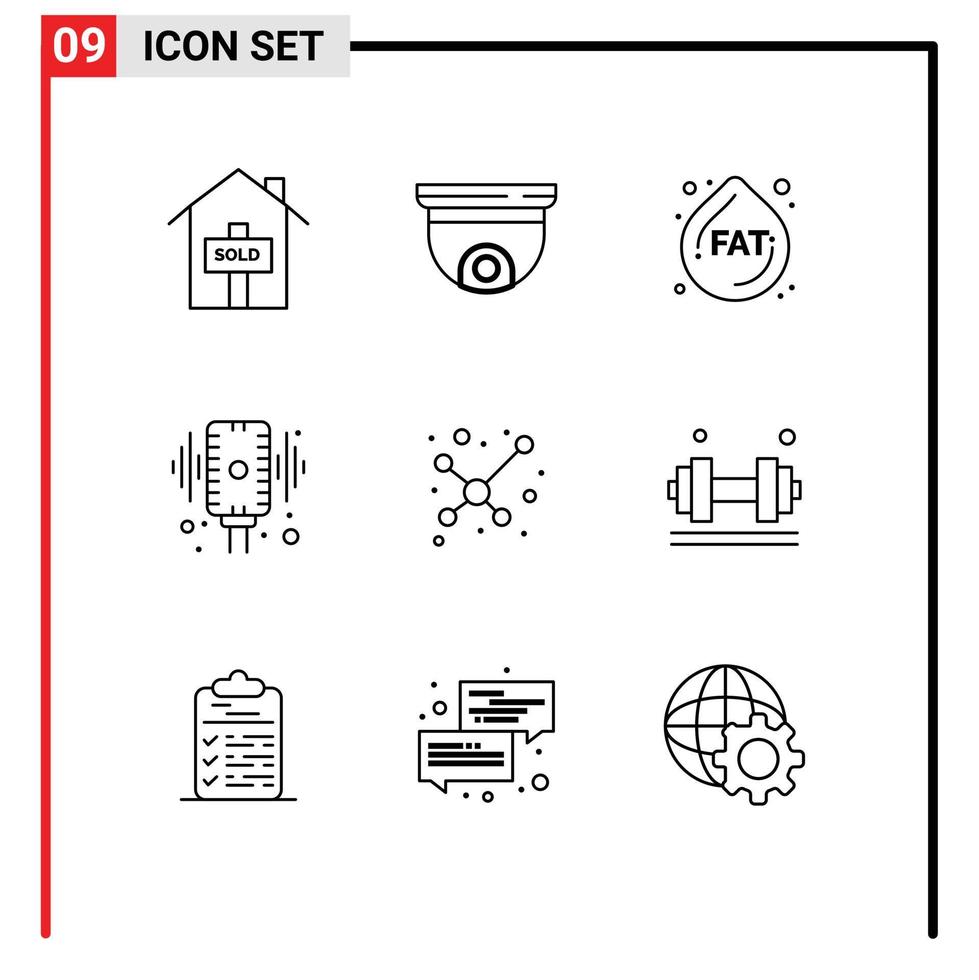 pacote de 9 sinais e símbolos de contornos modernos para mídia impressa na web, como elementos de design vetorial editáveis de registro de áudio gordo de molécula vetor