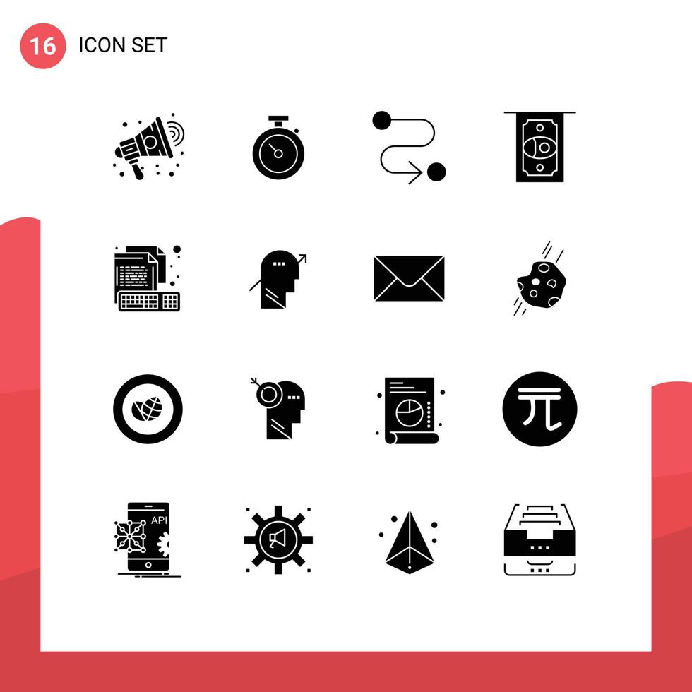 conjunto de glifos sólidos de interface móvel de 16 pictogramas de teclado, destino de computador, codificação, elementos de design de vetores editáveis em dinheiro