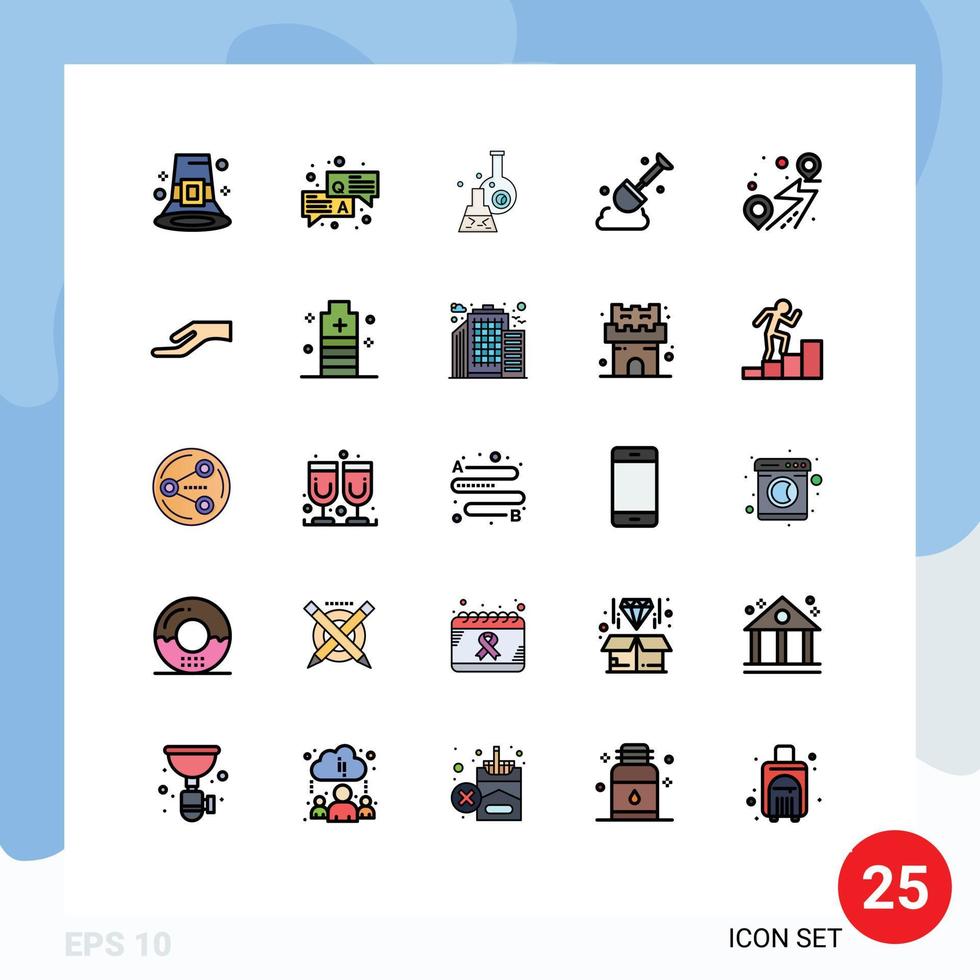 pacote de interface do usuário de 25 cores planas de linha preenchida básica de localização pá bate-papo tubo de construção elementos de design vetorial editáveis vetor