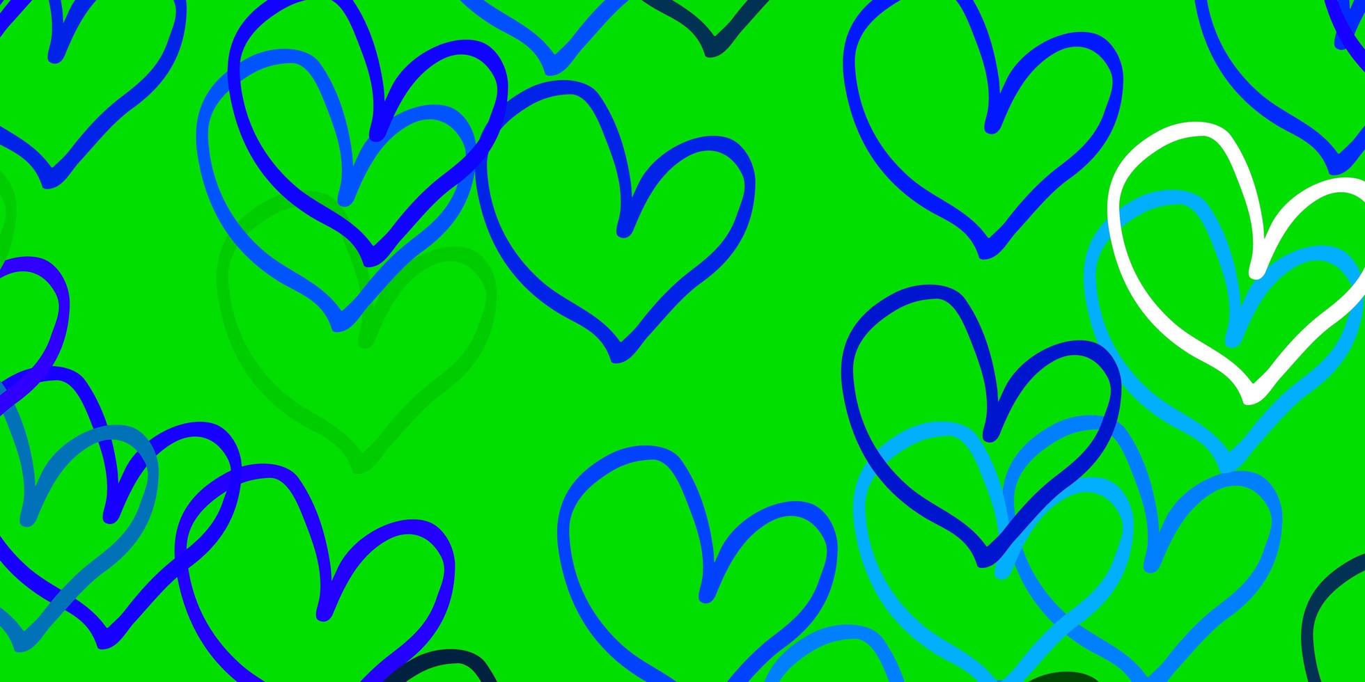 de fundo vector azul e verde claro com corações brilhantes.
