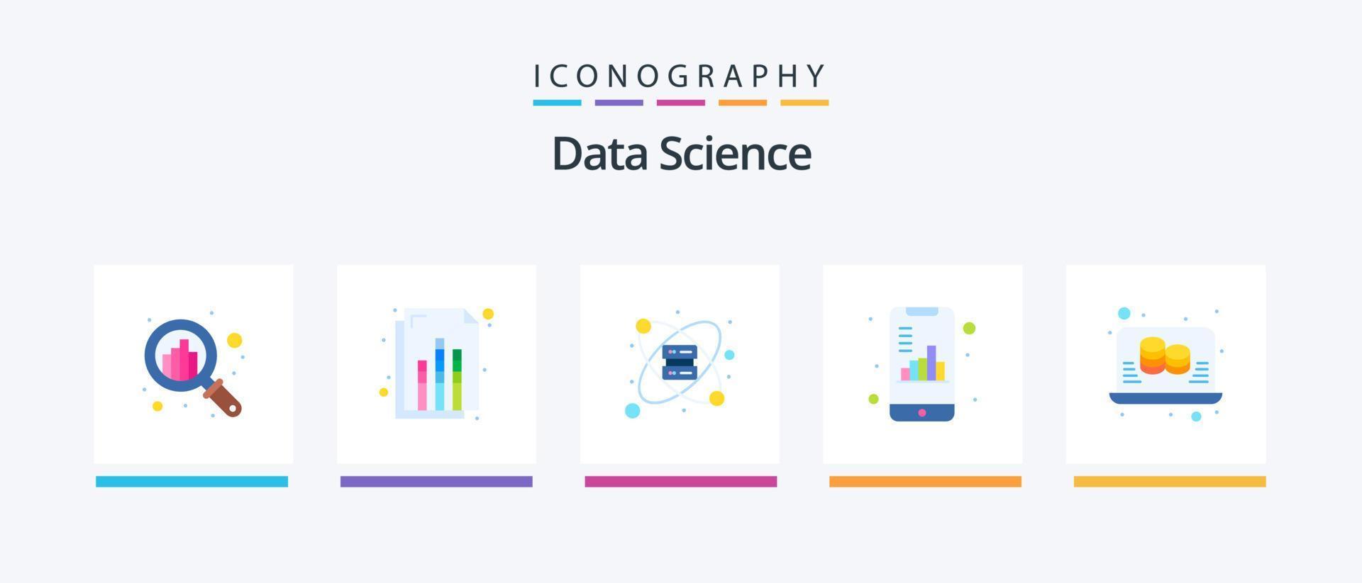 data science flat 5 icon pack incluindo informações. Smartphone. prateleira. gráfico. análise. design de ícones criativos vetor