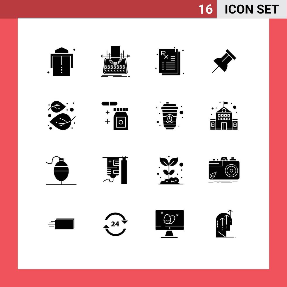 pacote de 16 sinais e símbolos de glifos sólidos modernos para mídia impressa na web, como elementos de design de vetor editável de pin de outono de remédio de folha de natureza